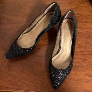 Badgley Mishka Black Iridescent Glitter Kitten Heels SZ 8 1/2